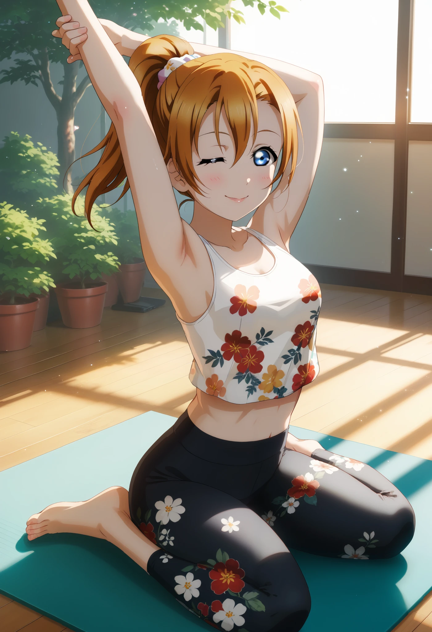 score_9, score_8_up, score_7_up, score_6_up,Shiny skin,kousaka honoka, blue eyes, volumetric lighting, beautiful, tight , Blushing, small breasts, looking at viewer, floral printed tank top, yoga pants,solo, curvy body,floral print, seductive smile, tree , love live , ponytail,slim fit body,arms up, stretching,wink,arching back, sitting on mat