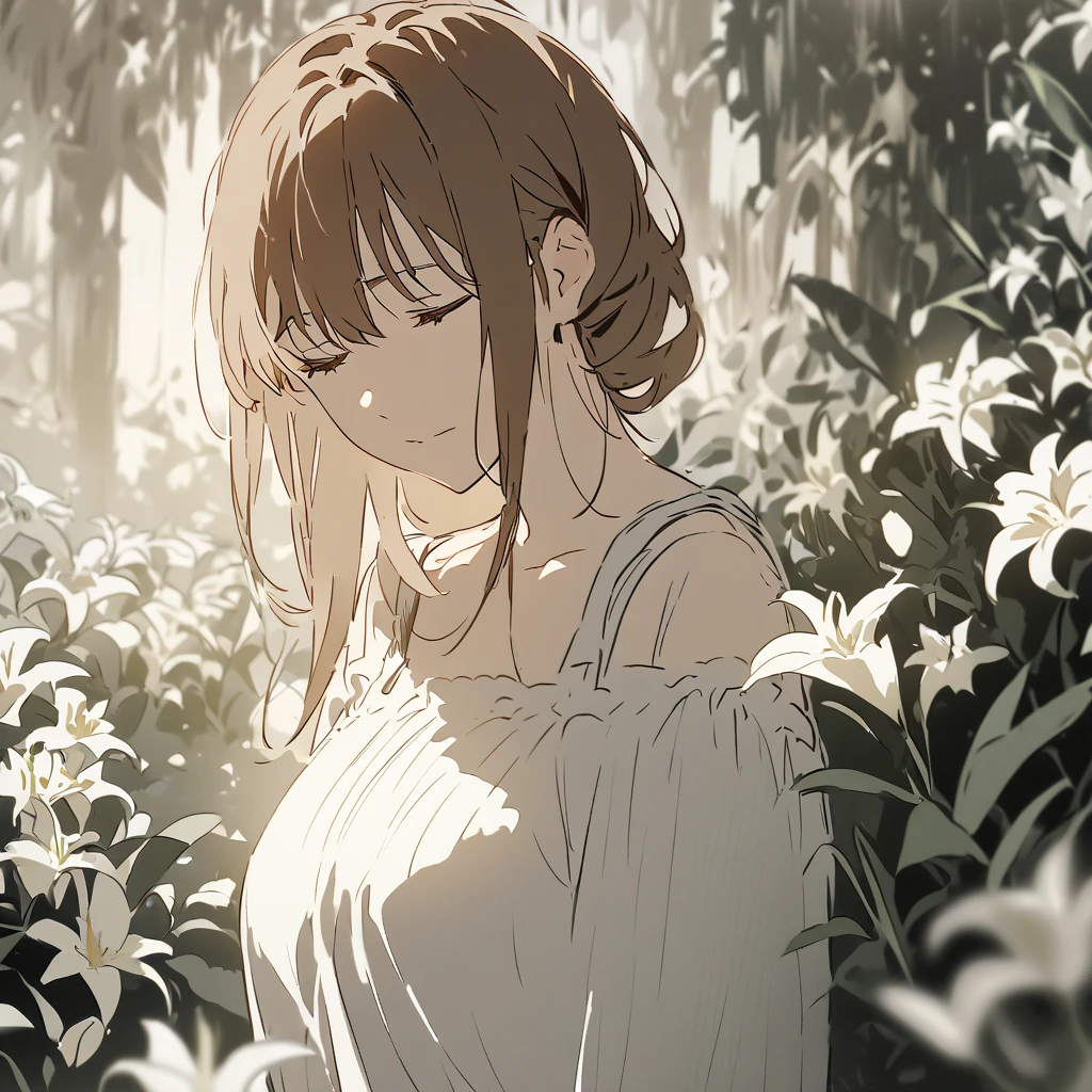 a young woman with long brown hair, wearing a grey, off-the-shoulder top. She is standing in a garden filled with white lilies. The background is blurred, but you can see trees and lights in the distance. The woman is looking down, and her expression is serene. The overall tone of the image is soft and romantic