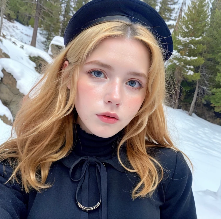 Pretty woman,cute,huge natural breasts, blonde hair curly/flowing, detailed dark BLUE eyes and face, not to skinny, make it ultra-realistic, western european girl, in the snow in the mountains, military uniform (modern military clothing elelments), extremely detailed blue eyes, extremely long wavy blonde hair.