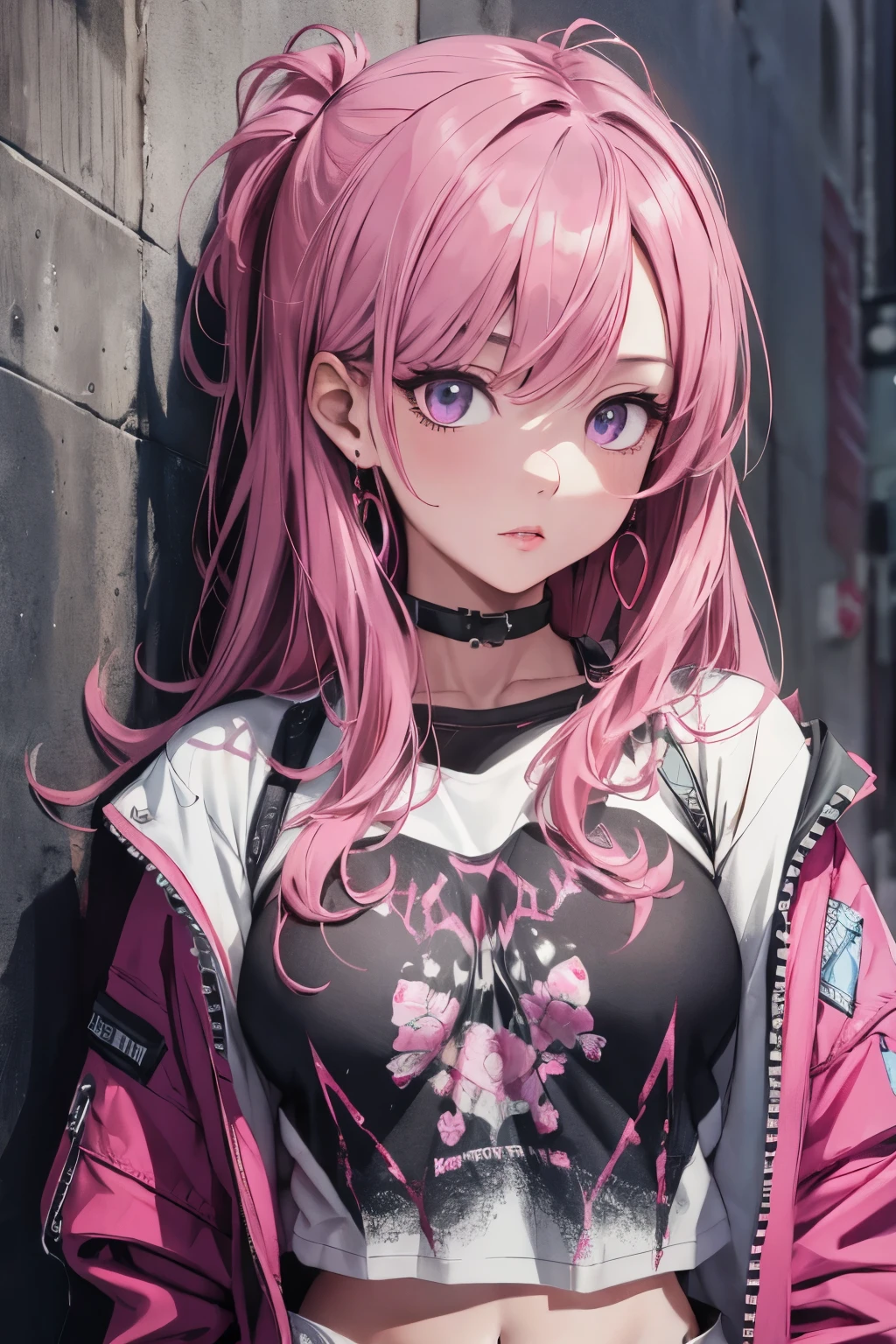(masterpiece, best quality, 1girl, solo, intricate details, chromatic aberration), realistic, ((medium breath)),long hair, pink hair, red head ornament, pink highlights, hair over one eye,purple eyes, earrings, sharp eyes, choker, neon shirt, open jacket, crop top, (symmetry eyes),(perfect symmetrical body),against wall, brick wall, graffiti, dim lighting, alley ,look at viewer