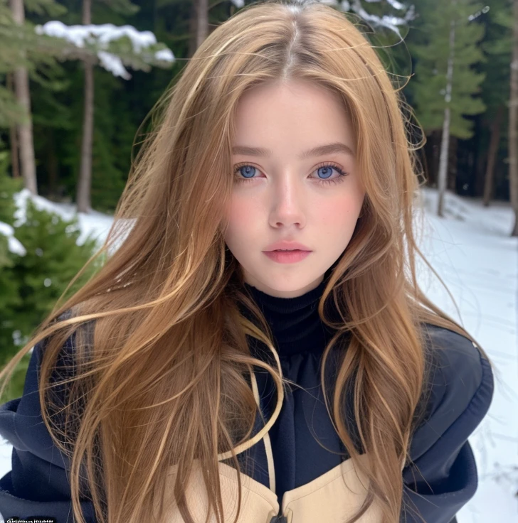 Pretty woman,cute,huge natural breasts, blonde hair curly/flowing, detailed dark BLUE eyes and face, not to skinny, make it ultra-realistic, western european girl, in the snow in the mountains, military uniform (modern military clothing elelments), extremely detailed blue eyes, extremely long wavy blonde hair.