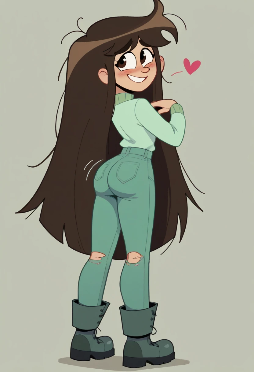 1girl, full body, solo, libby, brown hair, brown eyes, very long hair, messy hair, long, mint-green turtleneck sweater with darker-colored accents, olive-green pants with a torn on the left knee, and dark, bluish-gray hiking boots, looking back rche, butt, cute butt, exposing her pants, butt Shaking, twerking, from behind, backside, naughty smile, cute girl, Hearts, heart Background 