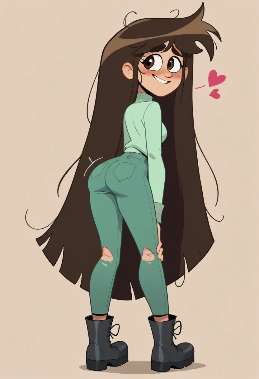 1girl, full body, solo, libby, brown hair, brown eyes, very long hair, messy hair, long, mint-green turtleneck sweater with darker-colored accents, olive-green pants with a torn on the left knee, and dark, bluish-gray hiking boots, looking back rche, butt, cute butt, exposing her pants, butt Shaking, twerking, from behind, backside, naughty smile, cute girl, Hearts, heart Background 