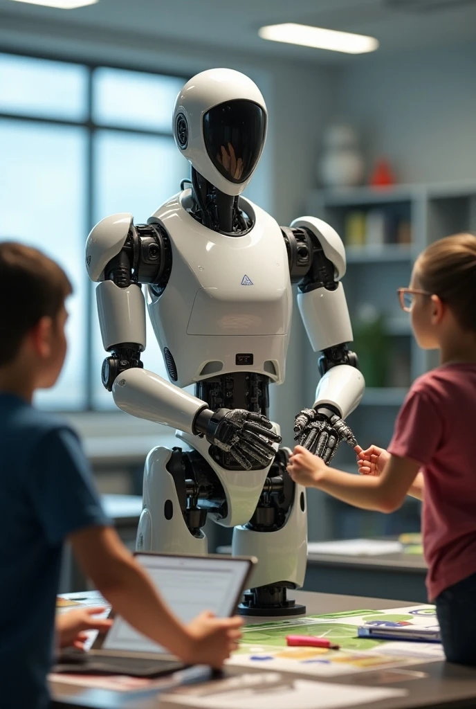 Robot Assembly Process,Cheerful Joyful Student, hight resolution, center, Child with blonde hair, Bright Eyes, Looking at the robot, blue shirt, Color of the sea, programming