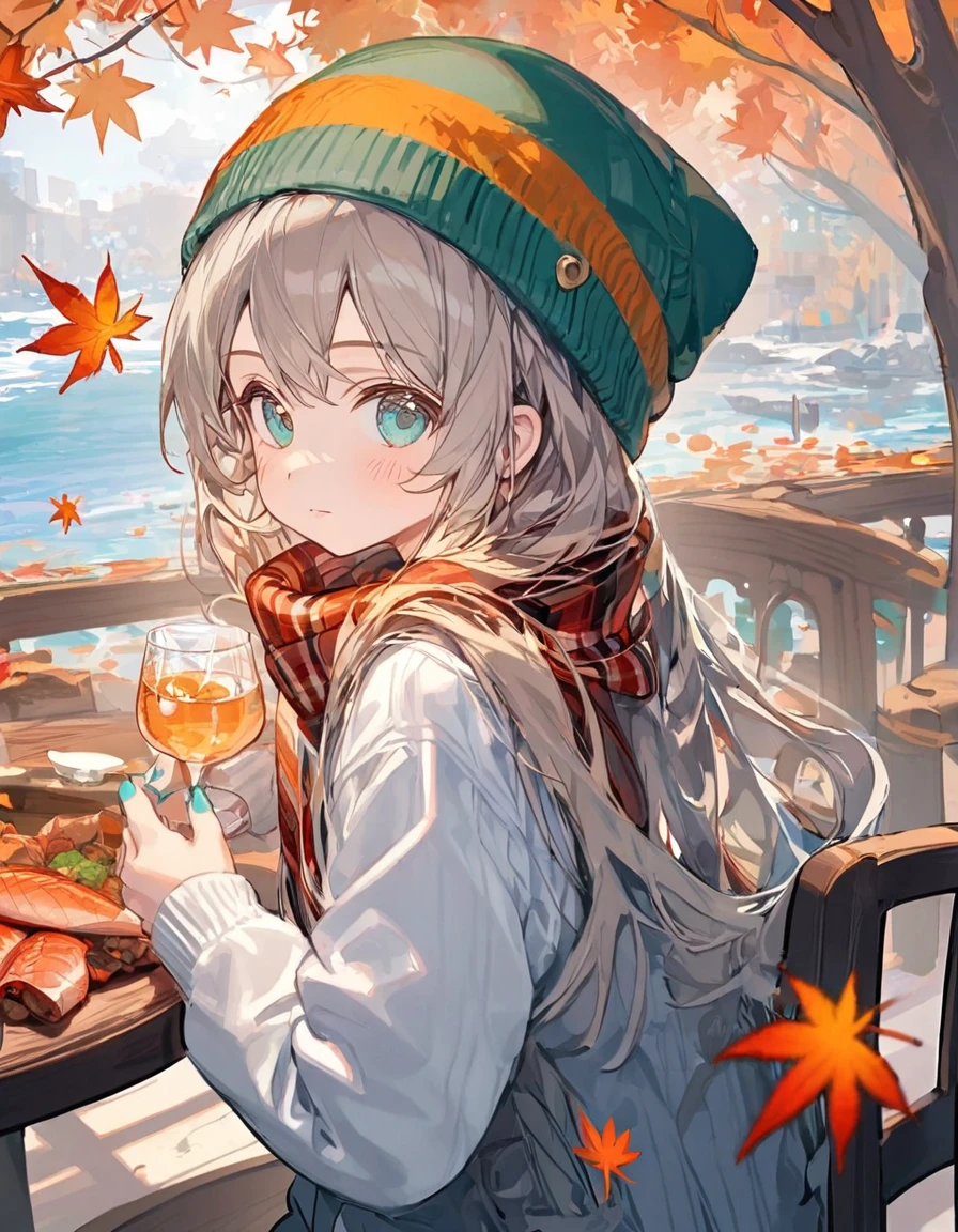 masterpiece,best quality,high quality,(colorful),loli,1girl,cup,solo,holding,looking at viewer,autumn,plaid headwear,holding cup,autumn leaves,green eyes,hat,nail polish,closed mouth,long sleeves,blush,fish,sweater,indoors,pom pom \(clothes\),plaid,looking back,sitting,green nails,drinking glass,green headwear,upper body,aqua nails,long hair,window,tree,food,grey hair,maple leaf,table,chair,day,blue nails,beanie,blonde hair,water,aqua eyes,plaid scarf,Dsmile