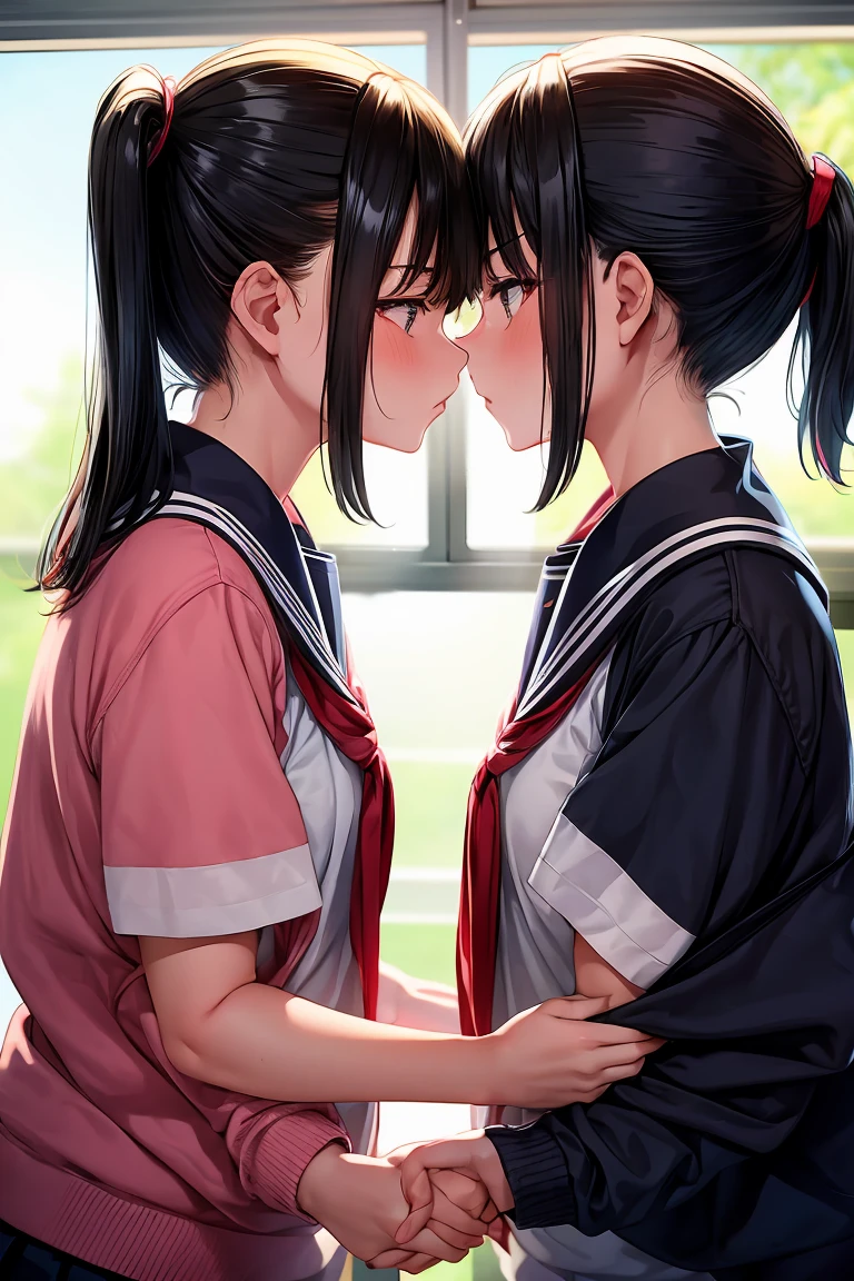 Two teenage girls，angry look，equivalent height，In the classroom，black hair ponytail，Facing each other and staring，hug each other，The two bodies are close to each other，kiss、Picture of two people、Holding hands and facing each other、Photograph of two people facing each other、Push each other、Stick your  and  together