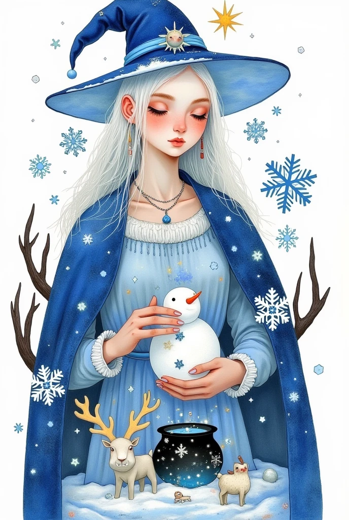 young woman,  closed eyes , snowflakes,  holds a snowman in his hands,  witch's ice hat ,  reindeer next to ,  witch cauldron with ice and snow ,  jewelry , Ice, lots of snowflakes ,  long hair , compose,  white hair,Painting \(medium\),  blue robe with snowflakes , signature ,simple background,One, A star  \(sky\), A star  \(symbol\), traditional media ,watercolor \(medium\),  winter snow background 