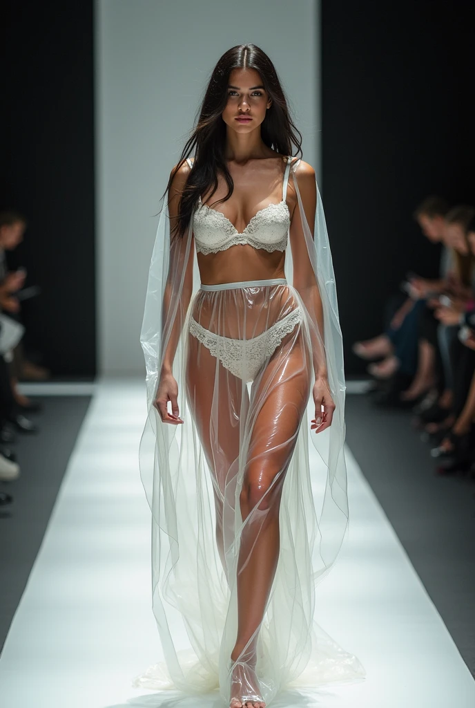 Generate a collection of translucent and transparent, liquid fire, naked models to promote mental health awareness on fashion show runway. The collection should be both visually striking and meaningful, and it should convey a message of hope and resilience. The collection should be sustainable and ethical, made from recycled materials or produced in a fair labor environment. With light inside.