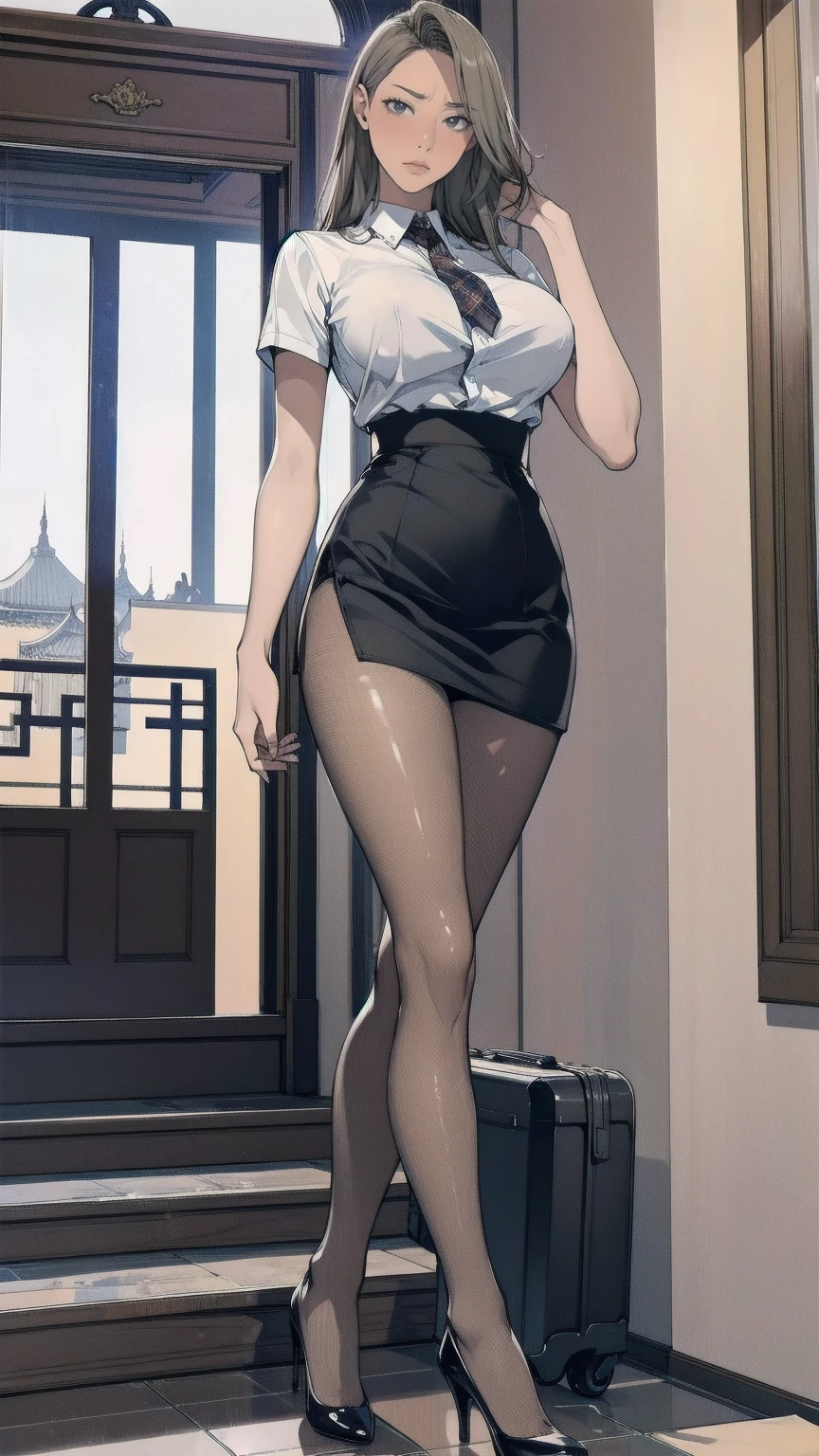 masterpiece, Best Quality,  Hi-Res,  big breasts at the temple,  thin waist, Long legs, Thin legs, Business shirts, Roll up your sleeves, tie,  plaid skirt,  fishnet tights, Sandals,  high heels, Earrings