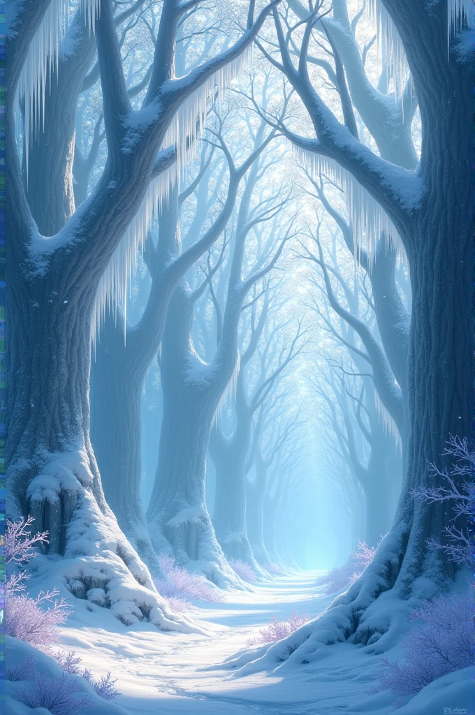 a path through the jungle covered in snow, soft light