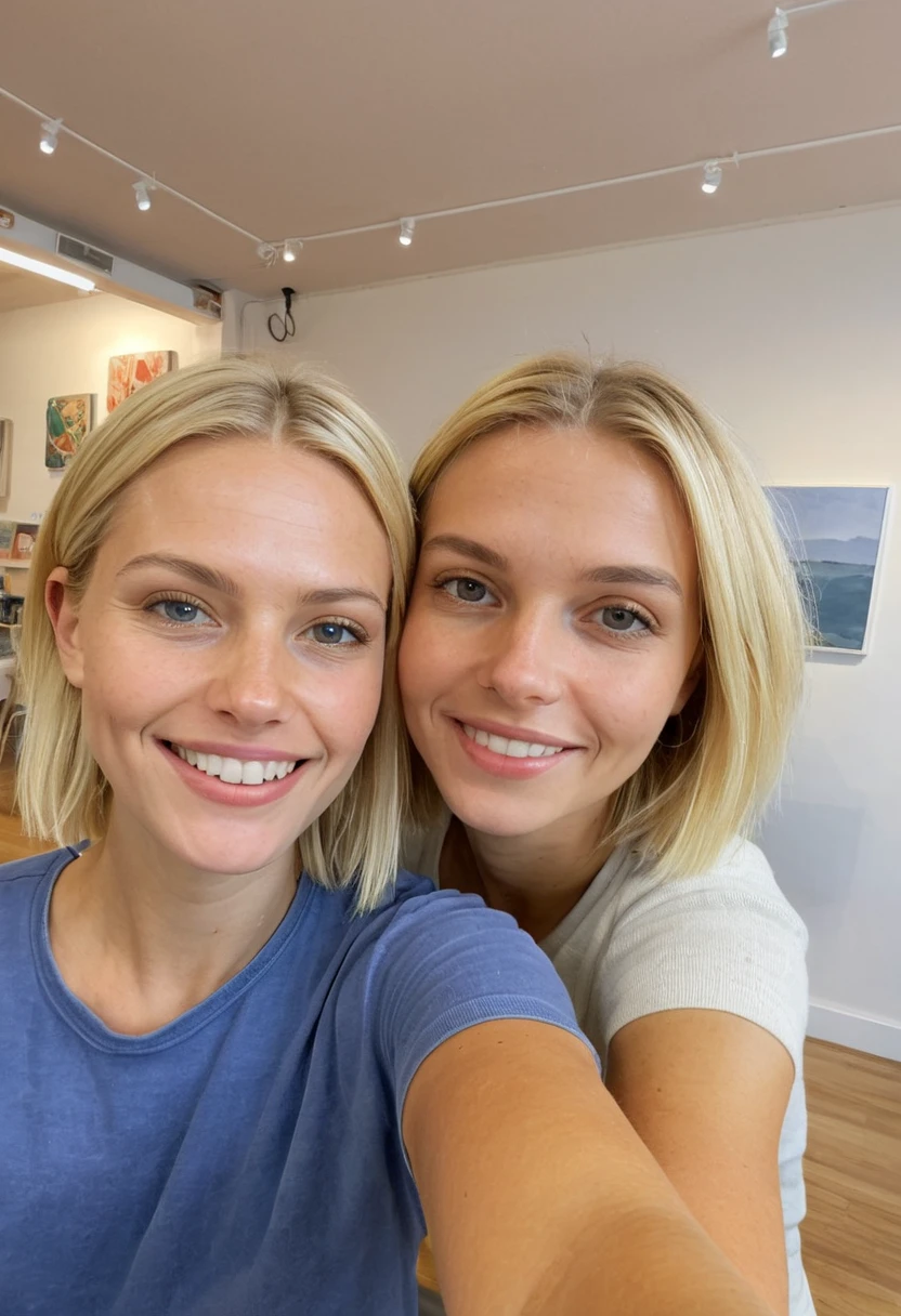 selfie shot from a digicam, realistic, (1 girl), Caucasian woman, ((mid-20s)), (average body type), ((short blonde hair)), ((straight hair)), BREAK, BACKGROUND: "Inside a cozy art café with paintings on the walls and soft lighting.", BREAK, wearing a light cardigan over a casual tank top and jeans., BREAK, smiling, BREAK, taking a selfie, upper body shot, (((selfie))), upper body, upper half body, natural lighting