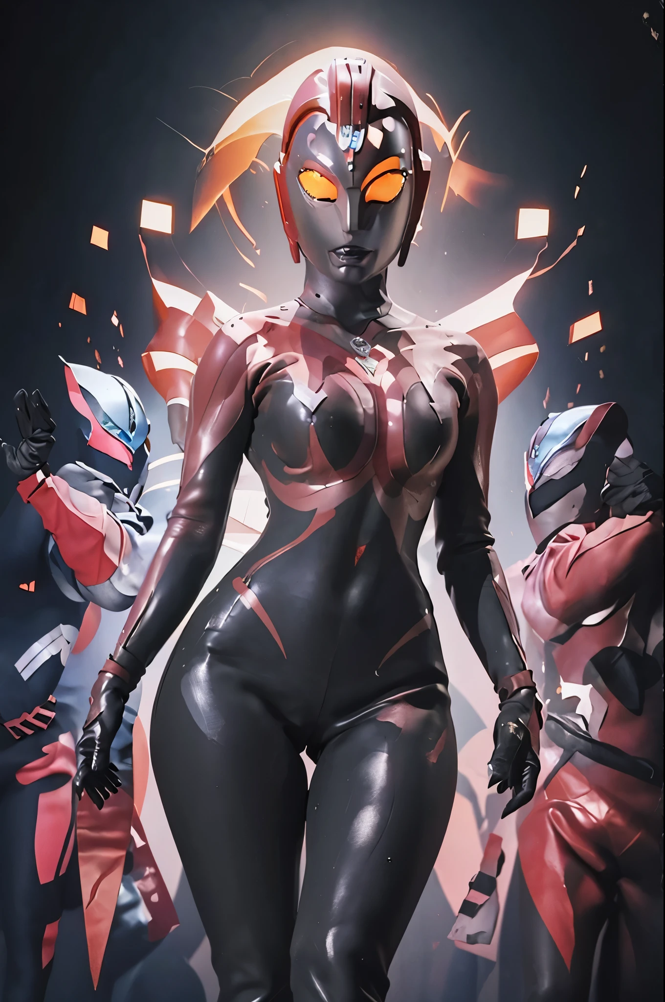 Ultraman Woman. （high quality）（luster）（(Black Face and red eyeline)）（Black and purple thema color）women only. The whole body is covered with a black bodysuit. Thick legs. Spike decoration. Pink lines all over the body. Heart tattoo . purple coloreye. pink glow crystal. pink sharp claw. Night background.