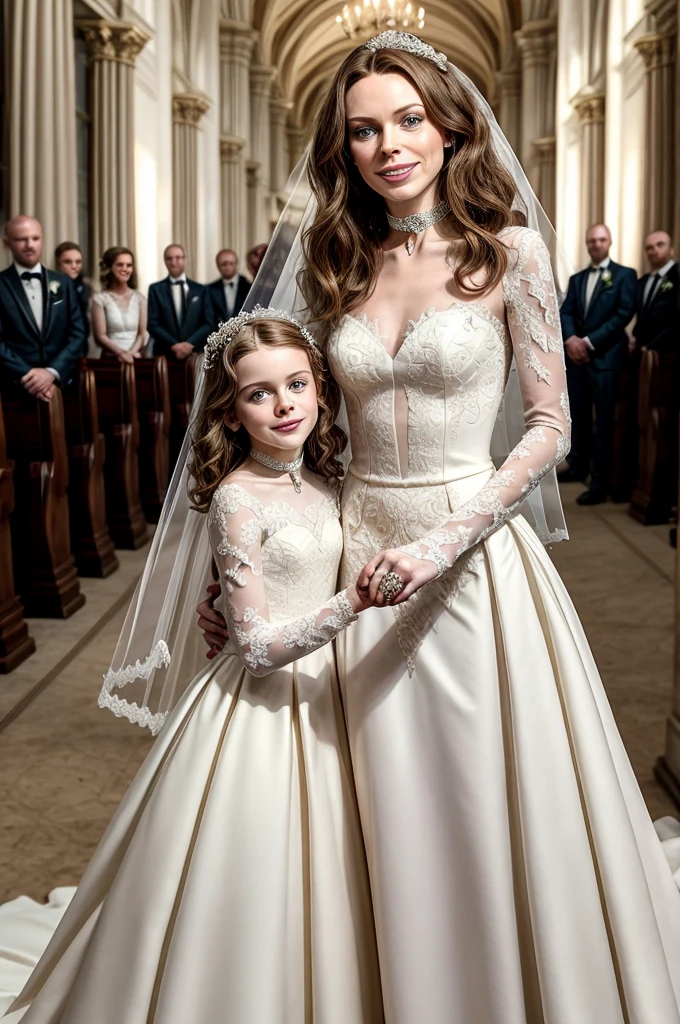 (masterpiece, high quality), Rebecca Ferguson and her daughter, Smile, she has a very long penis, she is grabbing her own penis, tattoos all over her body, choker, wearing wedding dress, her penis is one meter long