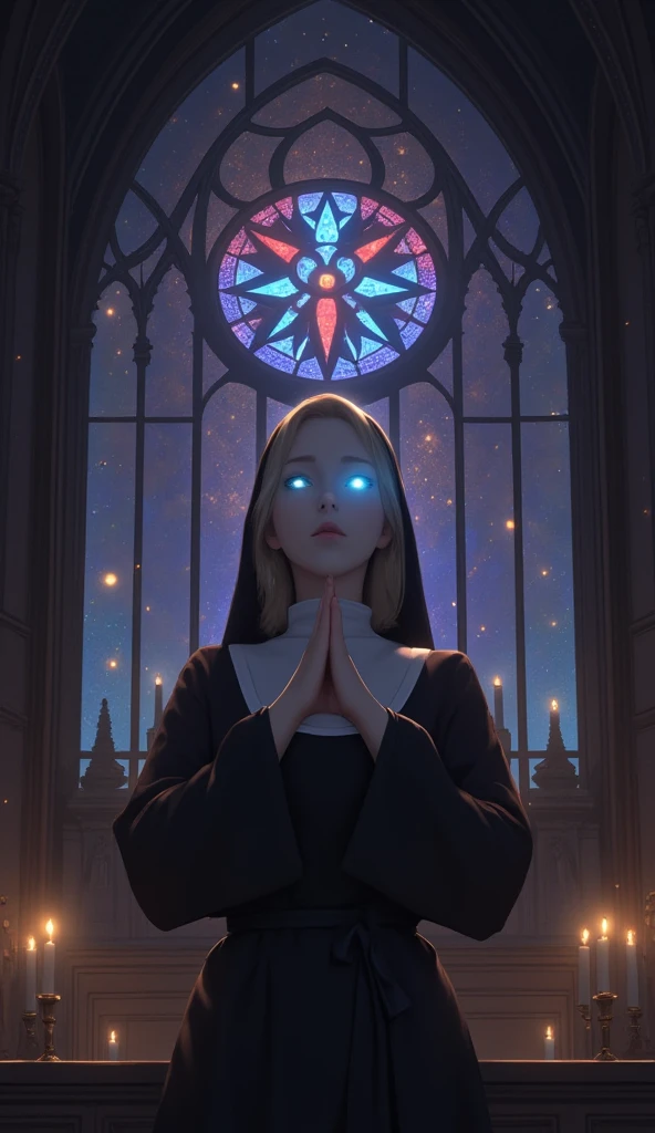  illustration,  best quality ,  1 girl, original female character,  blonde nun with bright blue glowing eyes ,  behind her, she has an epic cathedral with a colored stained glass window  ,  clasping hands in prayer  ,  solemn view   ,   dull church , candles  ,   dark monastic clothes ,deep shadows 
