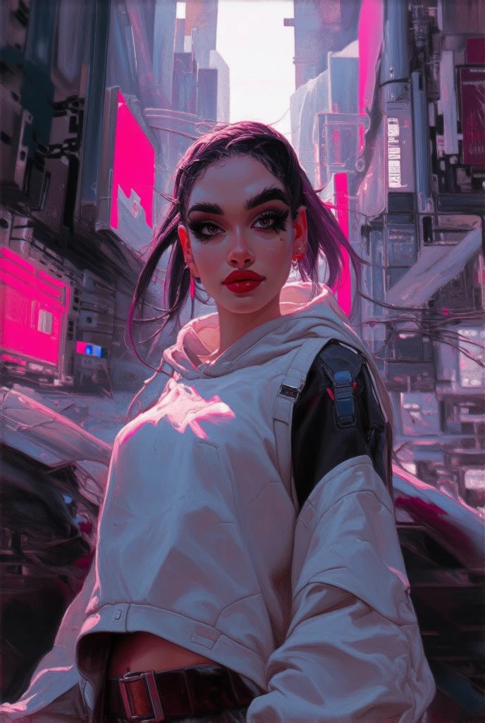 Beautiful Cyber girl standing in a futuristic city, wide low angle shot, dark eyebrows and eyelashes, red lipstick, cunning smile, detailed, beautiful 