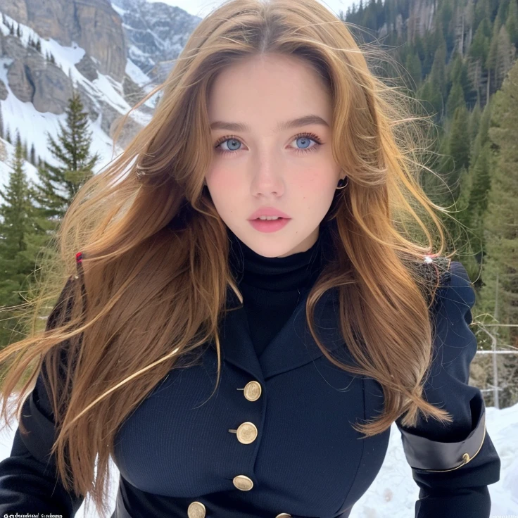 Pretty woman,cute,huge natural breasts, blonde hair curly/flowing, detailed dark BLUE eyes and face, not to skinny, make it ultra-realistic, western european girl, in the snow in the mountains, military uniform (modern military clothing elelments), extremely detailed blue eyes, extremely long wavy blonde hair.