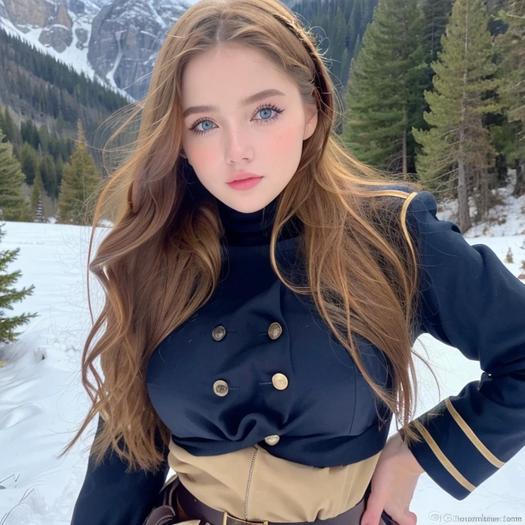 Pretty woman,cute,huge natural breasts, blonde hair curly/flowing, detailed dark BLUE eyes and face, not to skinny, make it ultra-realistic, western european girl, in the snow in the mountains, military uniform (modern military clothing elelments), extremely detailed blue eyes, extremely long wavy blonde hair.