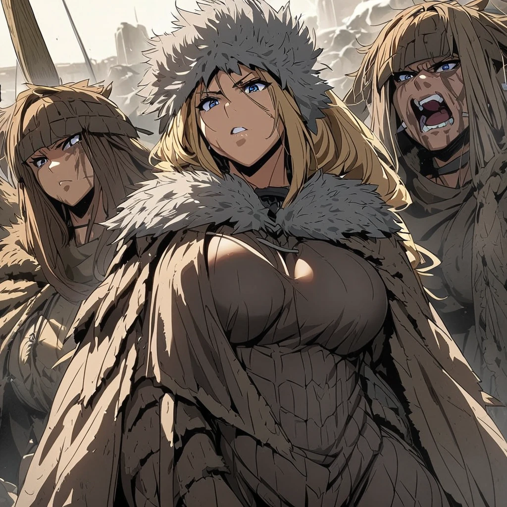 Anime, high detailed, multiple girls, Long hair, barbarian girls, barbarian's cloth, fur cap, curvy body 