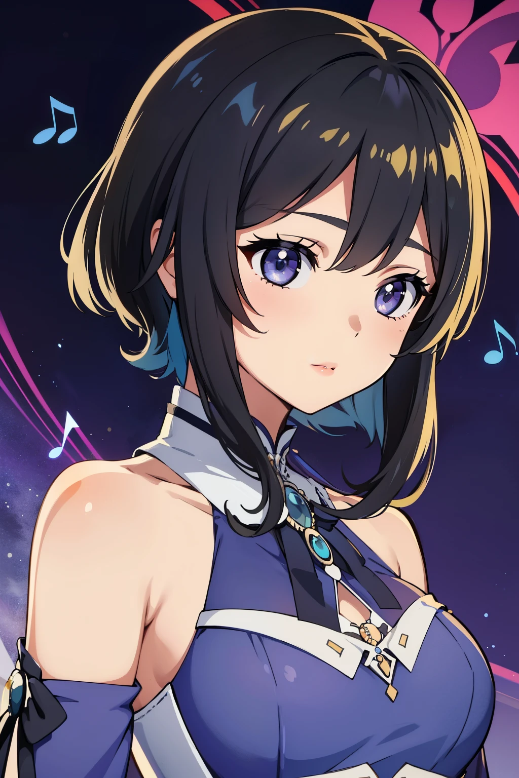 (high-quality, breathtaking),(expressive eyes, perfect face) 1female, girl , solo, teenager, asian woman hairstyle, short hair length, soft wave, black hair color, Heterochromia left eye blue and right eye purple, short white dress, black long sleeved cardigan, blue and purple background, music, gentle smile, swirls in background, music notes background, beautiful background, symmetrical eyes, jeanseabreeze
