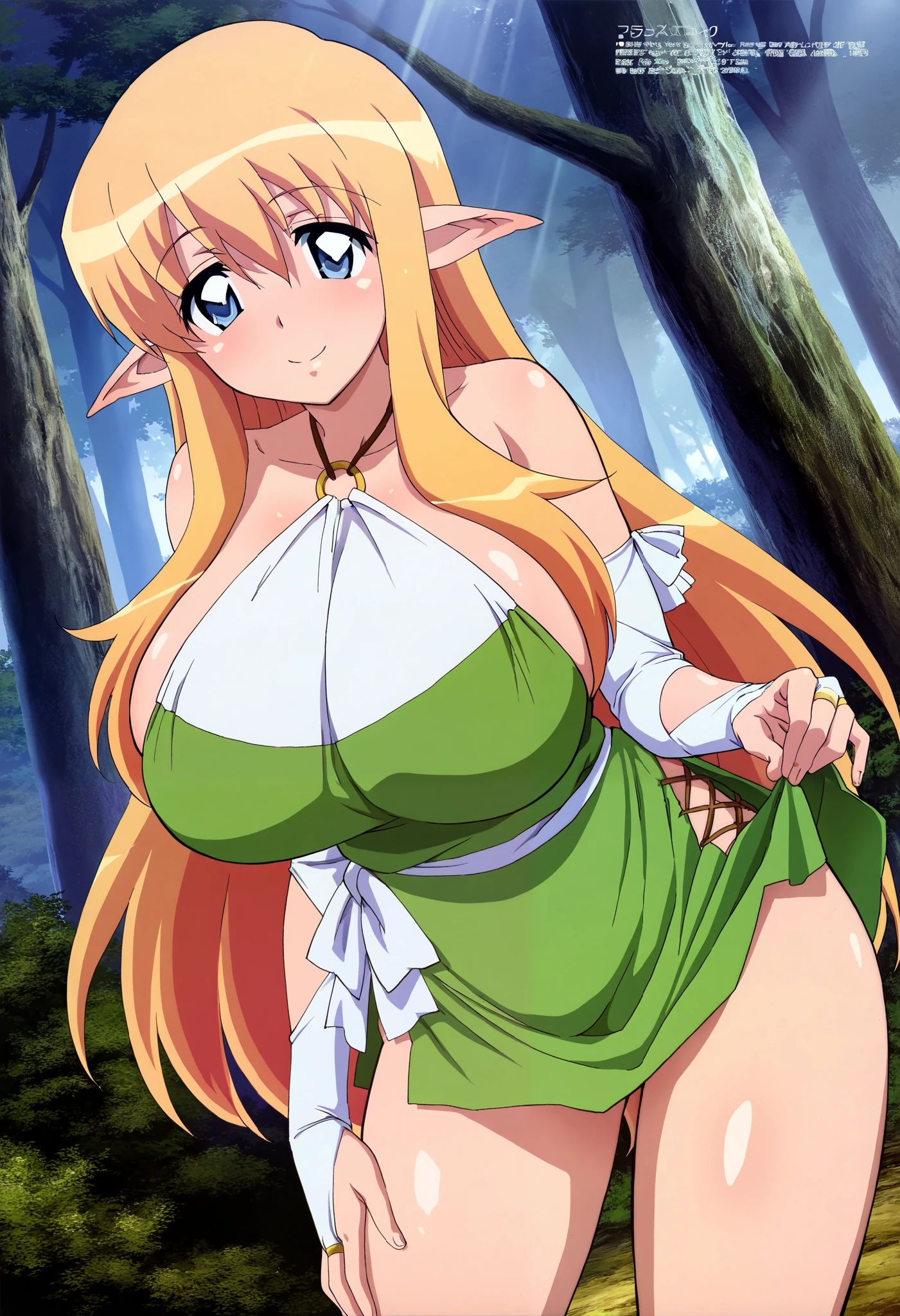 masterpiece, best quality, amazing quality, megami magazine,1girl, tiffania westwood\(zero no tsukaima\),huge breasts, bridal gauntlets, forest, smile