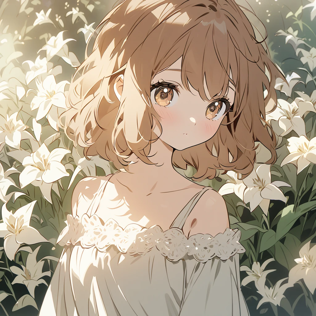 a young woman with long, brown hair. She has light brown eyes and is wearing a light brown off-the-shoulder top. She is standing in a garden with white lilies in the background. The image is in a cartoon style with soft colors and a dreamy atmosphere. The lighting is soft and warm, creating a sense of peace and tranquility. The overall impression of the image is one of beauty and innocence