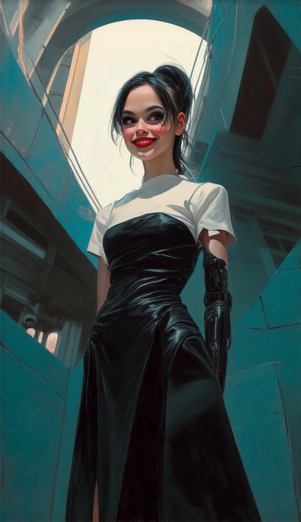 Beautiful Cyber girl standing in a futuristic city, black dress with white top,wide low angle shot, dark eyebrows and eyelashes, red lipstick, cunning smile, detailed, beautiful