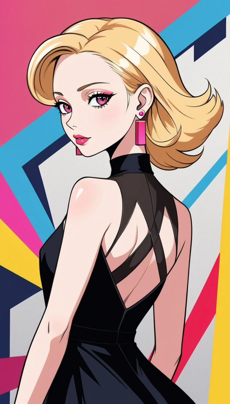  Adding pop of color to the overall look  . The art style is、 pink earrings and matching red lipstick  , The .  The image is a woman with blond hair  ,  central character, who is inspired by, is wearing a black dress,   . Her outfit is、 x} Her presence is drawing attention  , It depicts 、 、 elements of elegance .  The background of the image is abstract . is depicted on the left side of the frame  ,  The woman herself is the main object  ,  pop art featuring bold lines and bright colors {x} She wears a black dress with a sheer back {x} followed by earrings and background that set the stage for this interesting portrait。