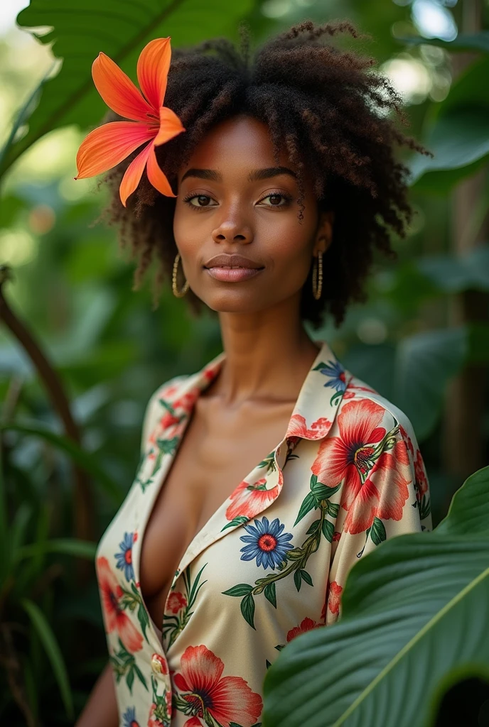 A Brazilian woman in a lush tropical garden, wearing an open shirt with a floral print, with a close-up capturing the harmonious beauty between her breasts and the natural flowers, showing off your natural charm and outgoing personality.