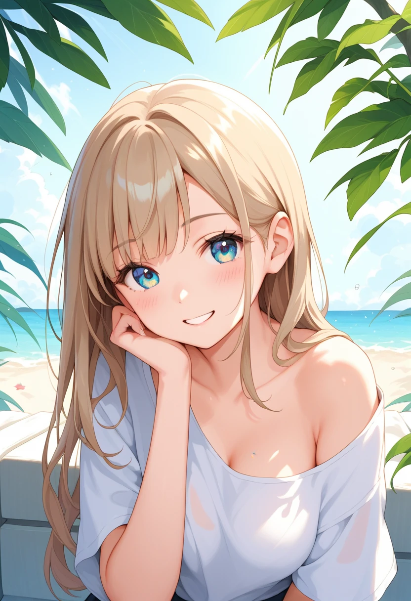 master piece , best quality , detailed , dresses , standing , hands up , armpit , from front , beach, Shiny platinum blonde silk super long straight hair, beautiful shiny bangs, big clear sky blue eyes, very beautiful bright eye highlights, Embarrassing, Blushing