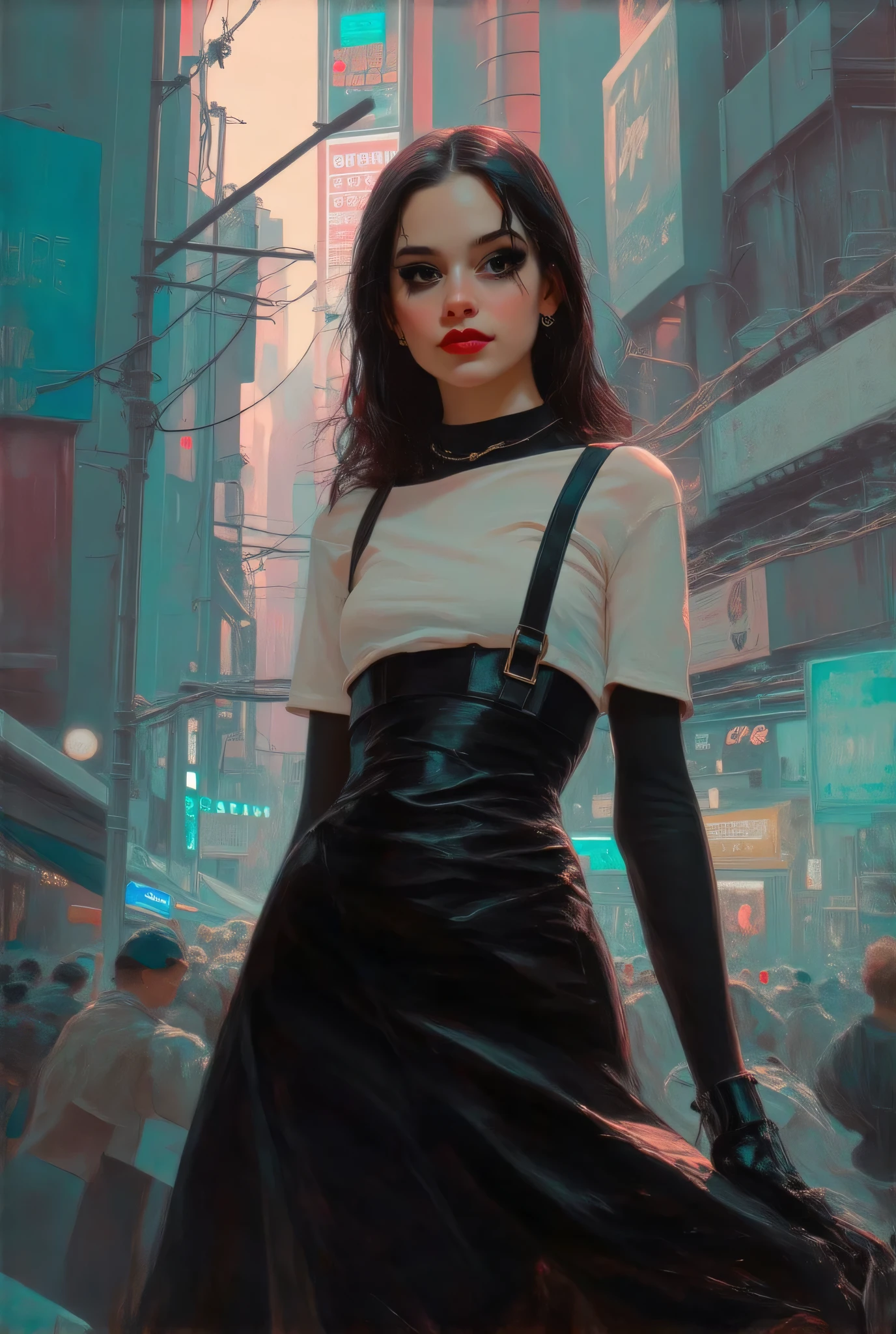 Beautiful Cyber girl standing in a futuristic city, wearing black dress with white top,wide low angle shot, dark eyebrows and eyelashes, red lipstick, cunning smile, detailed, beautiful