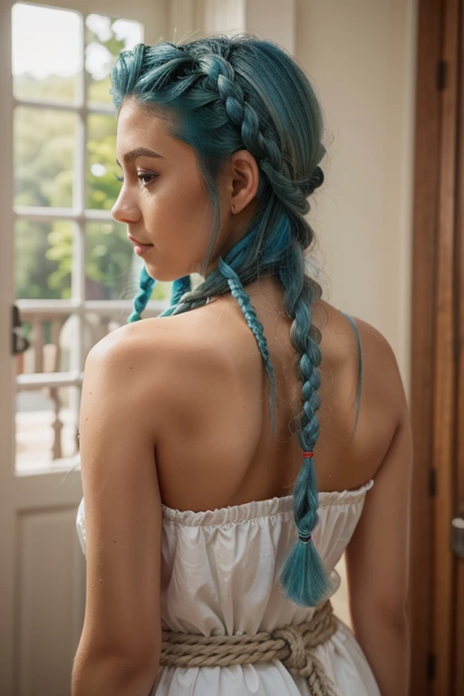 Sky blue hair pulled back on the sides into in rope braids and then woven with a strand of cream colored pearls, the rest of hair loose and going to waist. Back view.