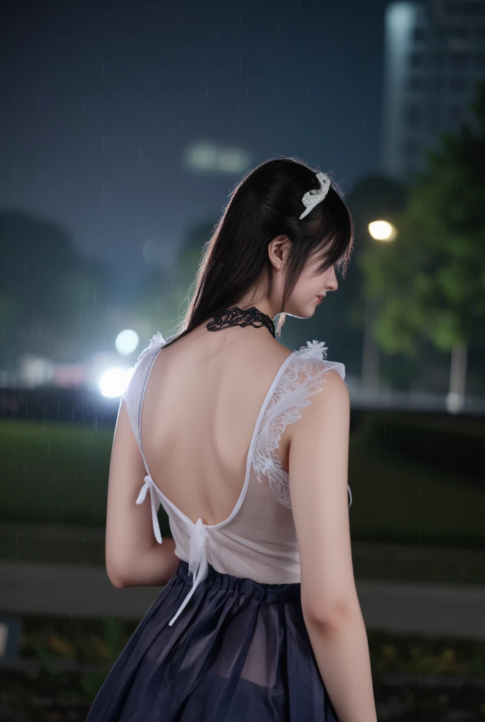 a young woman stands against the park in the rainy night. She is dressed in a sheer white sleeveless dress with a sheer navy skirt. The skirt is adorned with a lace, adding a touch of color to the scene. The woman's hair is styled in a long brown, with a black bow at the top of her head. She has a black lace choker around her neck. Her hair is pulled back in a ponytail, and she is wearing a white headband.