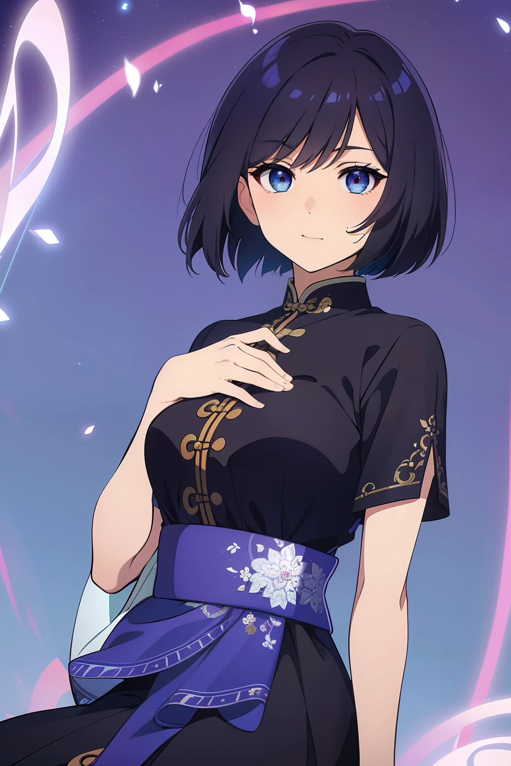 (high-quality, breathtaking),(expressive eyes, perfect face) 1female, girl , solo, teenager, asian woman hairstyle, short hair length, soft wave, black hair color, Heterochromia left eye blue and right eye purple, white and black dress, shawl, patterned clothes, blue and purple background, music, gentle smile, swirls in background, music notes background, beautiful background, symmetrical eyes, Qing Dynasty Costumes
