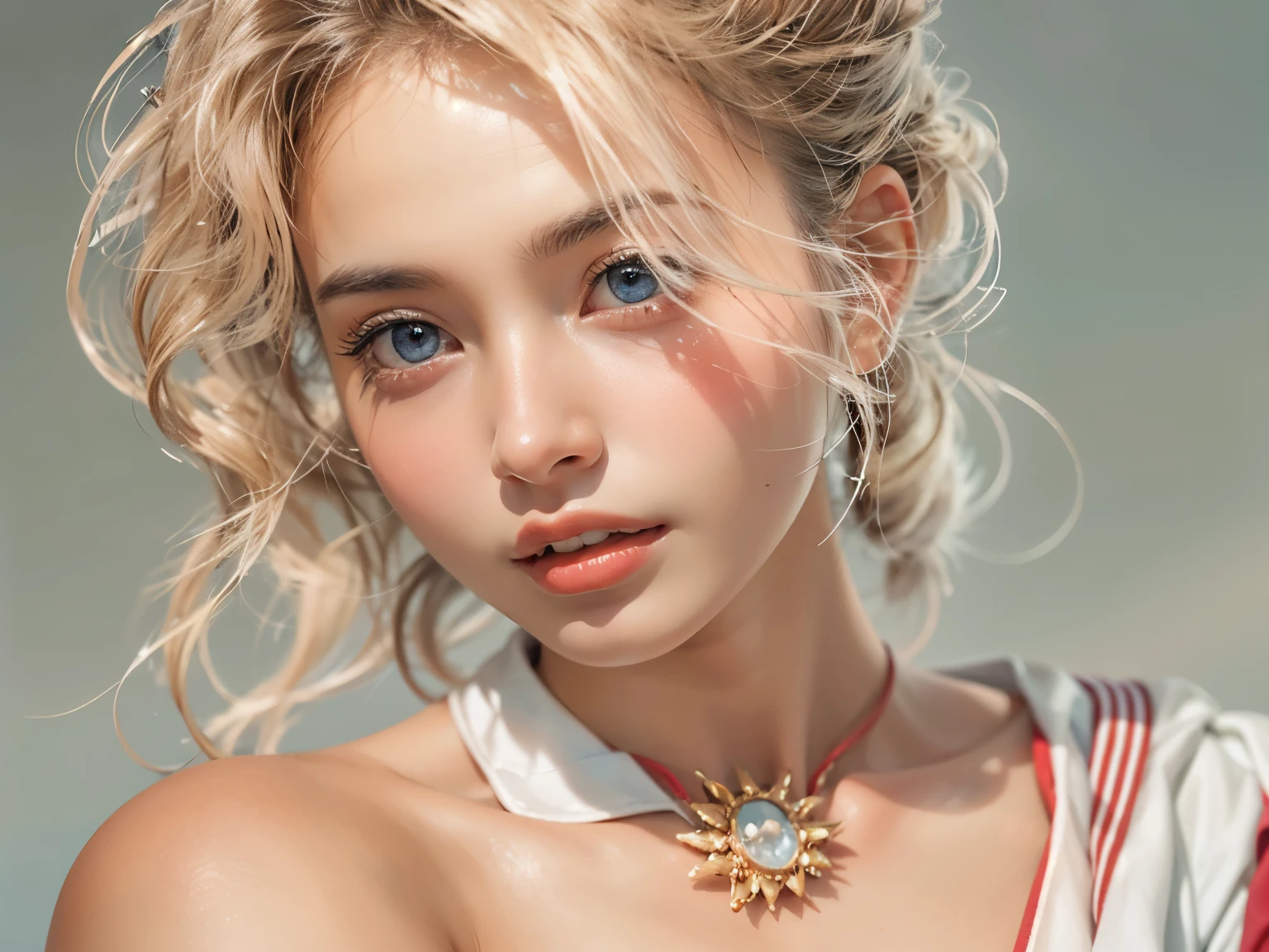 A woman lying soaking in water,Clear light pink,Clear water,White soap bubbles,Bokeh shots,Close-up from the neck up,Head close-up