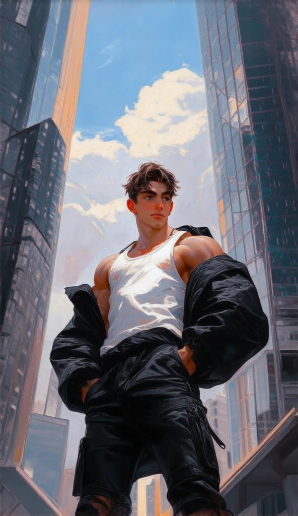 Handsome young boy wearing white tank top and black jacket exposing his shoulder, wearing black trouser, standing in futuristic city, detailed, beautiful 