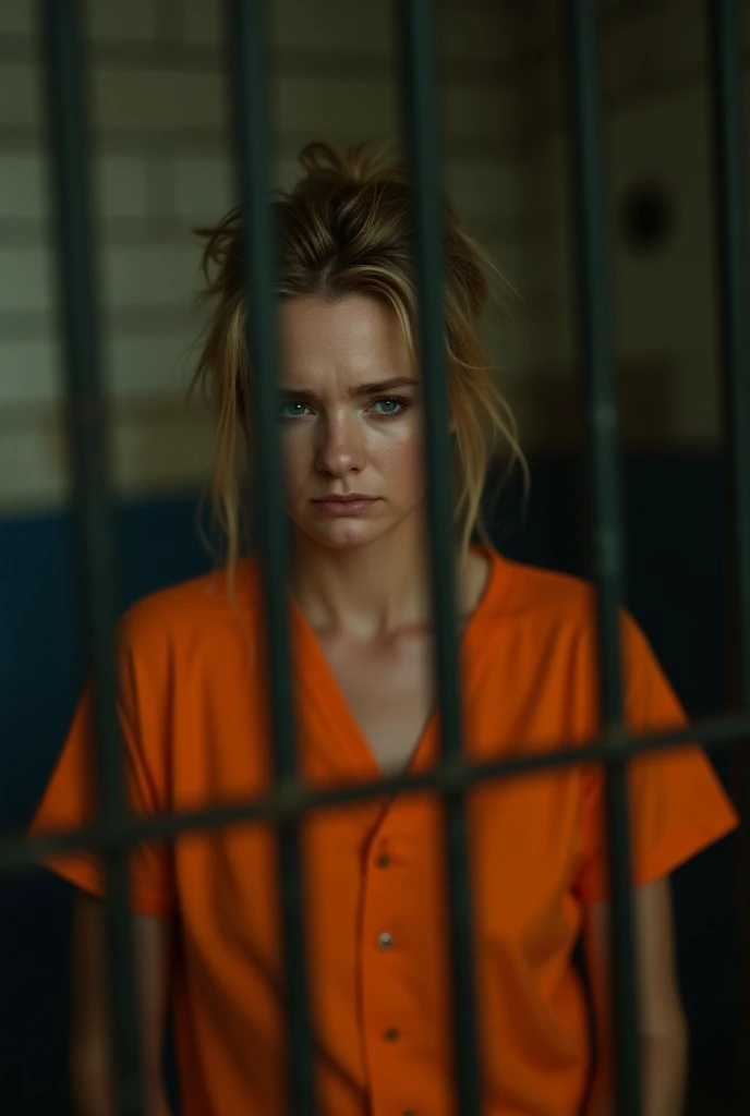 ((realism)), extremely high quality RAW photograph, detailed background, intricate, messy hair, Exquisite details and textures, highly detailed, Photo of (Allison Mack) in a prison cell, (wearing orange prison clothes:1.3), Looking away from the camera, ultra detailed photograph, warm lighting, artstation, 4k, sharp focus, high resolution, detailed skin, detailed eyes, 8k uhd, dslr, low harsh lighting, high quality, film grain, Fujifilm XT3, sad:1.3