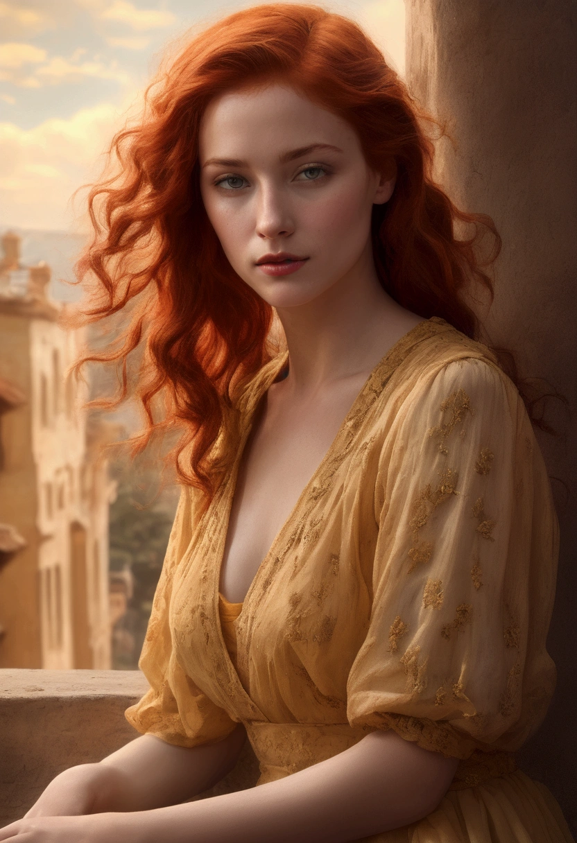 A radiant redhead sits solo, feet propped up, toes wiggling freely against a vibrant cumulus cloud backdrop, painted in warm yellow hues. Her bright red hair is messy, yet she exudes ethereal loveliness without makeup. Wearing a flowing summer dress and camisole, her direct gaze meets the camera lens, bathed in moody evening light that casts deep shadows. The hand-painted background glows with amber tones, reminiscent of Porta 160 film shot on an ARRI ALEXA 65. Her natural beauty shines like a dreamy summer evening, as she radiates warmth and serenity.