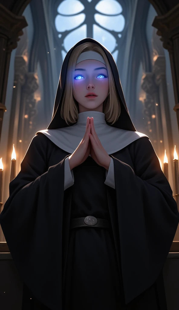  illustration,  best quality ,  1 girl, original female character, blonde nun with bright blue glowing eyes , behind her is an epic cathedral with a colored stained glass window  ,  clasping hands in prayer  ,  solemn view   ,   dull church , candles  ,   dark monastic clothes ,deep shadows 
