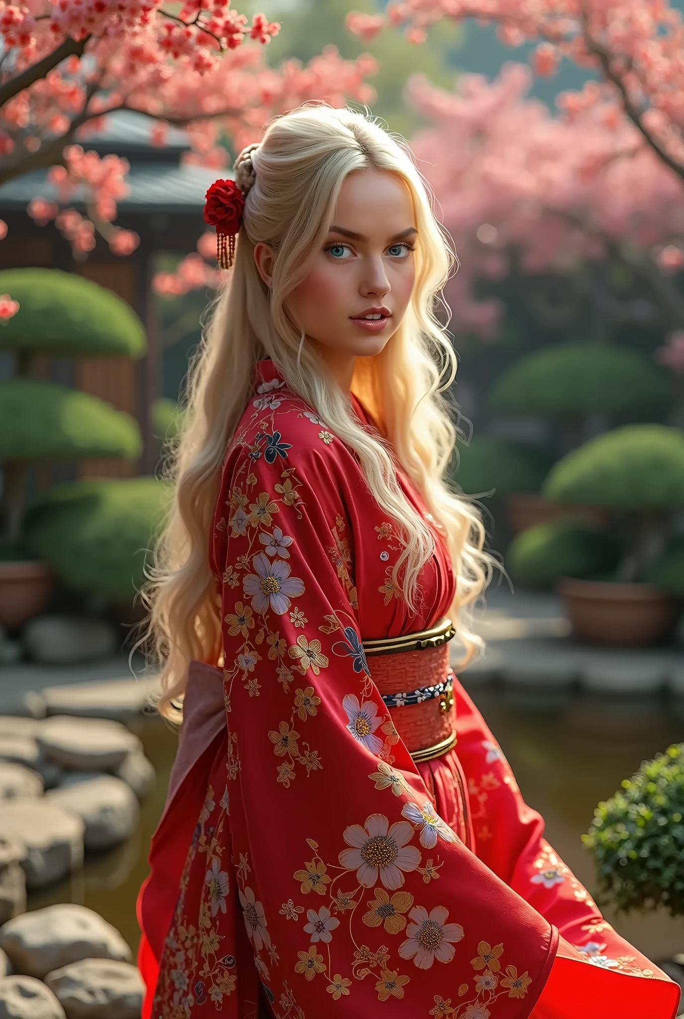 Beautiful girl, detailed blue eyes, detailed facial traits, inside a temple, open orange monk robe, white hair, naked breasts