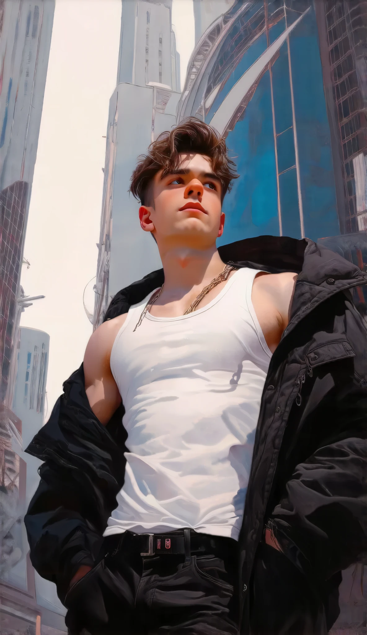 Handsome young boy wearing white tank top and black jacket exposing his shoulder, wearing black trouser, standing in futuristic city, detailed, beautiful 