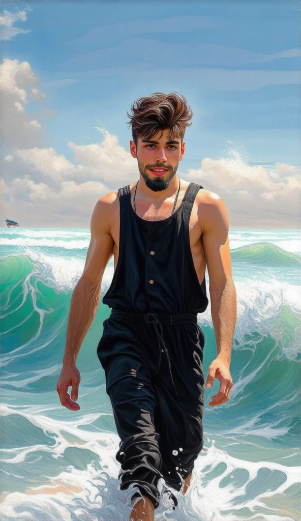 Attractive  boy wearing tank top and black jumpsuit walking in the beach in the sea waves, he has beard and quiff hairstyle,detailed, beautiful 