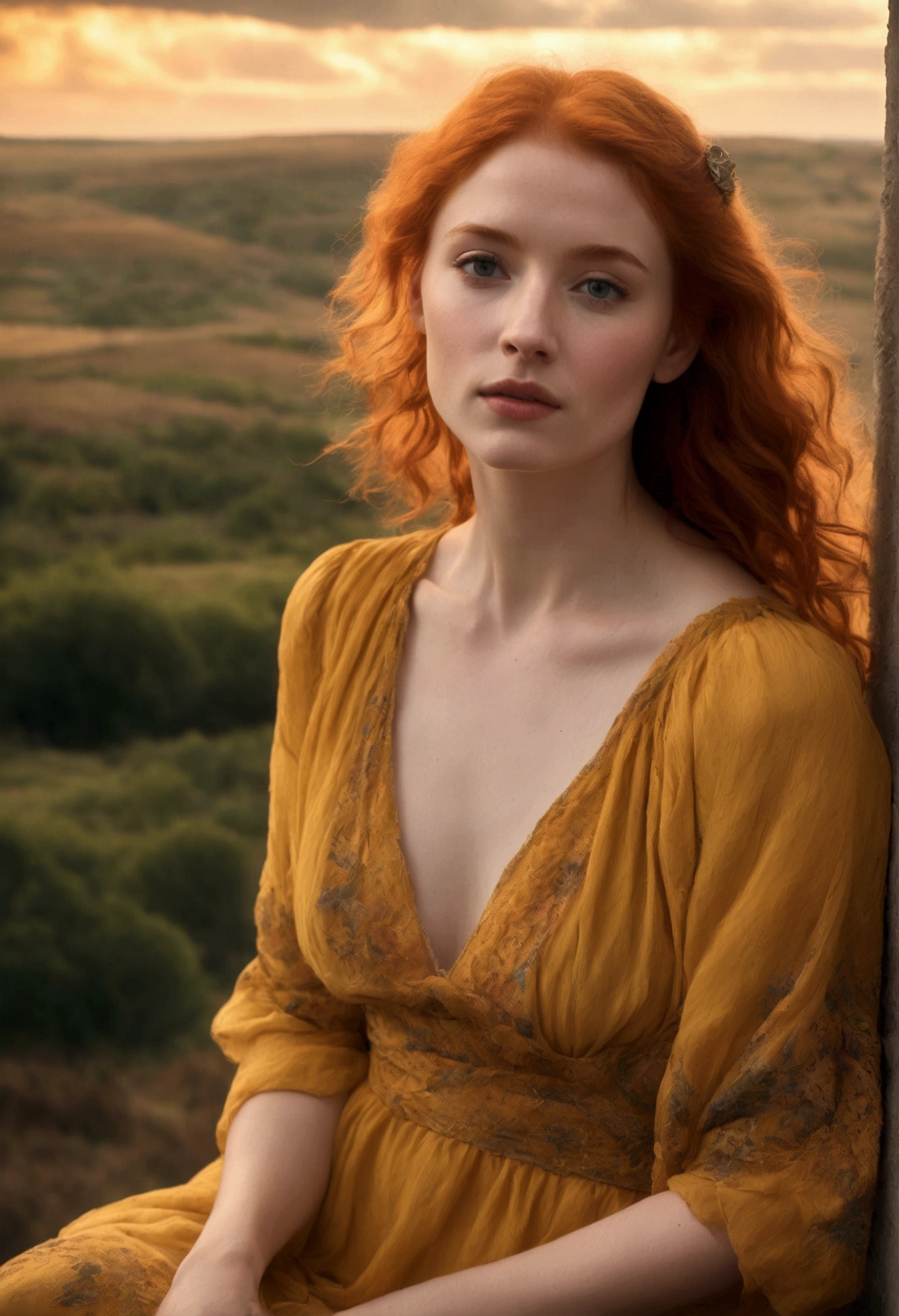 A radiant redhead sits solo, feet propped up, toes wiggling freely against a vibrant cumulus cloud backdrop, painted in warm yellow hues. Her bright red hair is messy, yet she exudes ethereal loveliness without makeup. Wearing a flowing summer dress and camisole, her direct gaze meets the camera lens, bathed in moody evening light that casts deep shadows. The hand-painted background glows with amber tones, reminiscent of Porta 160 film shot on an ARRI ALEXA 65. Her natural beauty shines like a dreamy summer evening, as she radiates warmth and serenity.