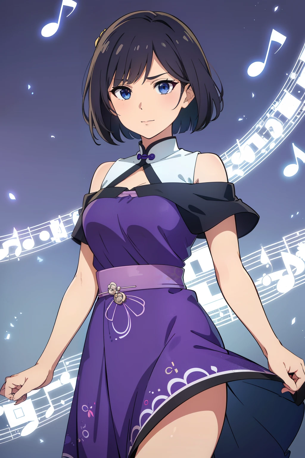 (high-quality, breathtaking),(expressive eyes, perfect face) 1female, girl , solo, teenager, asian woman hairstyle, short hair length, soft wave, black hair color, Heterochromia left eye blue and right eye purple, white and black dress, shawl, patterned clothes, blue and purple background, music, gentle smile, swirls in background, music notes background, beautiful background, symmetrical eyes, Qing Dynasty Costumes, hairpin
