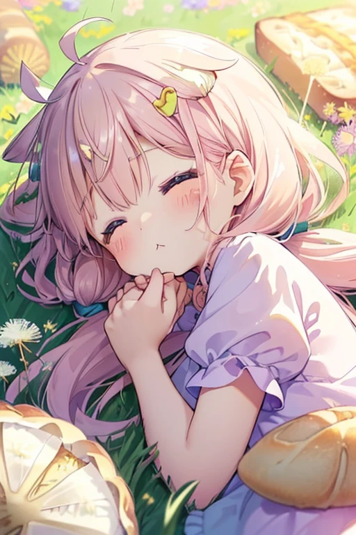 ((  holding a slice of bread   :1.5、  sleep in the grass with half open eyes  :1.5、   lie on your face and place your hands under your chin :1.5))、(( one girl playing pranks:1.5)、((Chibi Girl:1.5)))、 Kindergarten Mother:1.5、Best Quality、  Hi-Res 、  detailed background 、 Two cute fairies with beautiful faces down to the smallest detail  、  anatomically accurate 、 Go Downman's Nose 、fine grain、((whole body:1.5, Shooting from below:1.2, Front View)),　Cute hair color、 big,   beautiful blue eyes bandaged all over  、 plump lips 、 pink lips、  Twin tails with braids   、((Ahoge:1.5))、(   cute pastel colored shirt  :1.5、Cute hair accessories、  Cute Exercise   :1.5)、((   eat bread with half open eyes   :1.5、 sleepy look after intercourse:1.2))、break　( The background is spring flowers  、 fluffy dandelion fry   、 very warm sunshine   、Little frog:1.5)、Bokeh