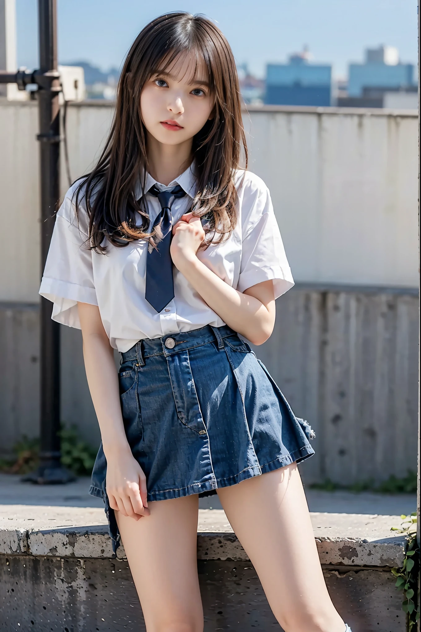 1 person、(8k、 RAW Photos、Best Quality、 High Quality、 masterpiece:1.2)、( real、 real)、1 person、( medium hair、Y shirt with white collar 、tie、Breast enlargement、 Blue Check Mini Short Skirt、Thin legs、(Loose fitting socks、 wearing loose socks:1,2)、 sneakers、 front view、Looking into the camera、School grounds、( stand with your hands on your lower back, standing:1,2))、 cute、Show me your whole body、日本のHigh school girl、High school girl、