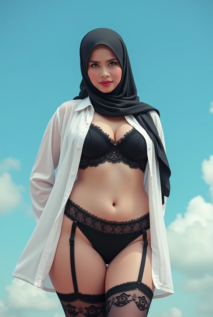 (masterpiece, best quality, hires, high resolution:1.2), Meisita Wulandari wearing ((Hijab)), exotic skin, indonesian skin, looking 100% like Meisita Wulandari, wears black sexy ((brocade bra)), 25 years old, just in her puberty, extremely detailed, highres, ((medium breast)) realistic, (cinematic lighting, perfect lighting, sunlight), 1girl, solo, naked, looking at viewer, sexy long stockings, spreading her legs, showing pussy, playful, biting one finger, (window, beachscape), head tilt, ((small head)), very sexy, up skirt, panties down, pantiepull, completely shaved pussy, no body hair, ((bloods)) on the floor, sexy high heels