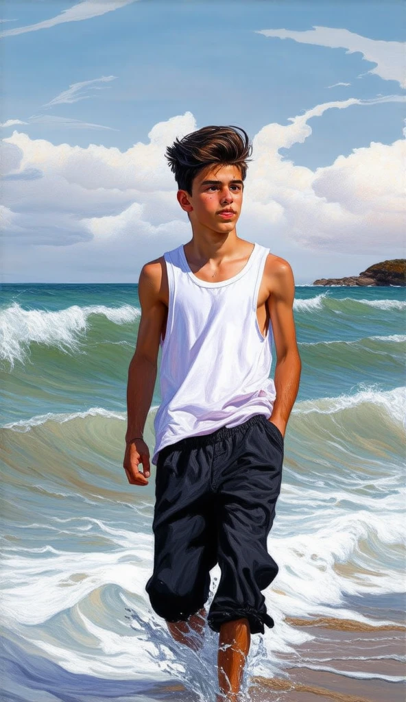 Attractive  boy wearing white tank top and black folded trousers walking in the beach in the sea waves, he has trimmed beard and quiff hairstyle,detailed, beautiful