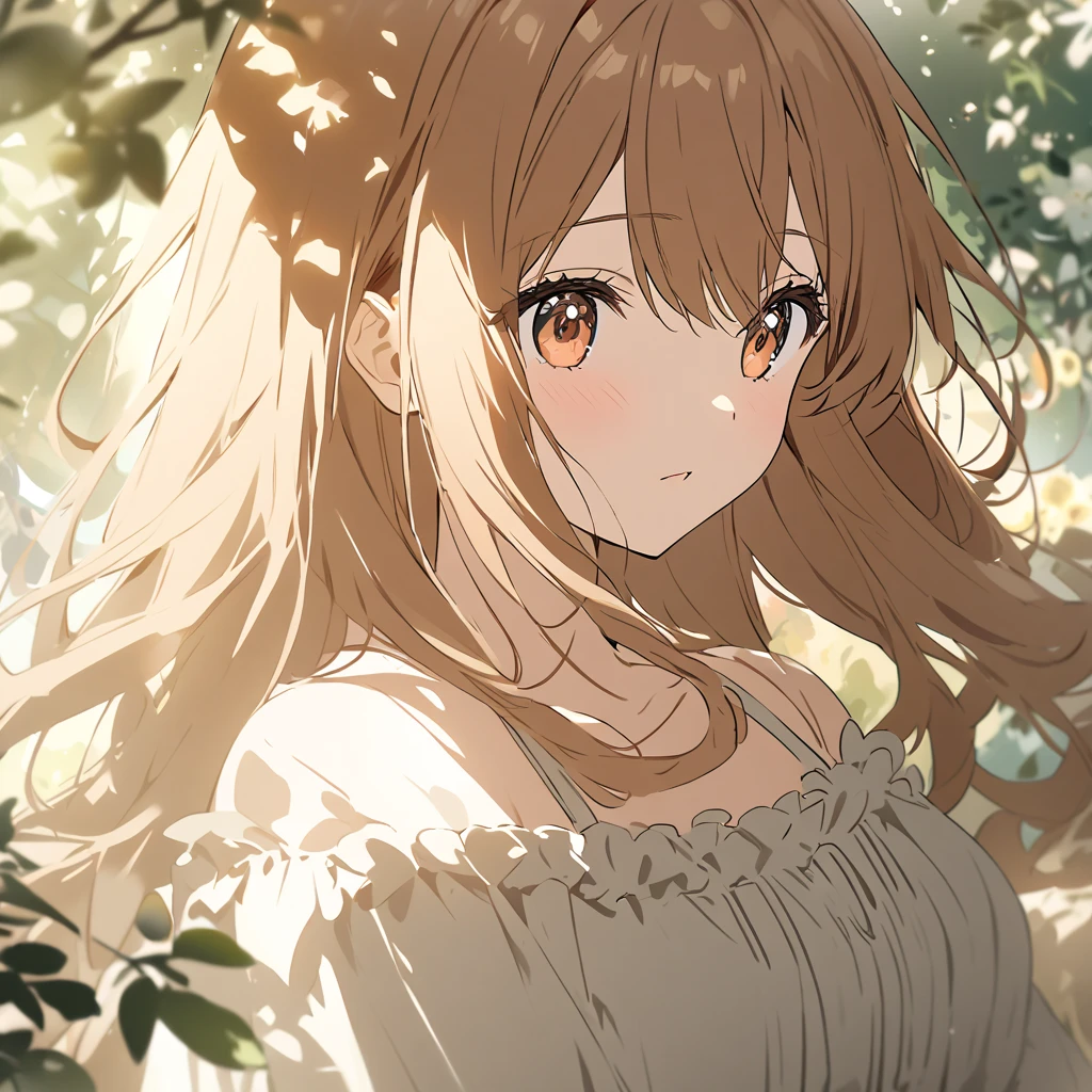 a beautiful image of an anime girl with long brown hair. She is wearing a grey off-the-shoulder top. The background is a blurred image of a garden with flowers. The girl's eyes are a lovely shade of brown and she has a sweet expression. She is surrounded by light and has a soft, dreamy look to her. Overall, the image is beautiful and well-composed