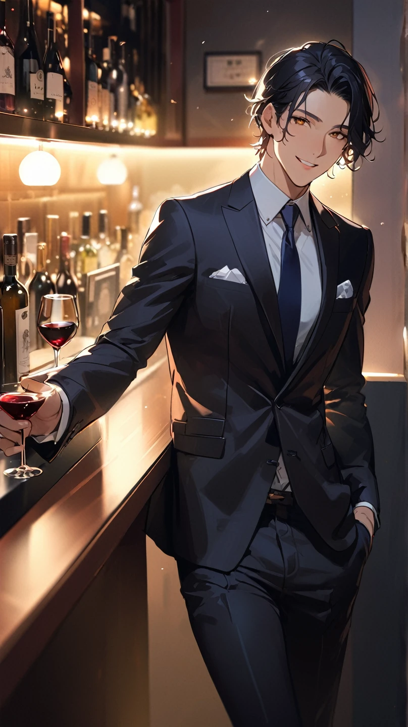 A handsome boy, sitting on a luxury sofa in the office, behind a floor-to-ceiling window, smiling, looking straight ahead, wearing a black suit and shirt, holding red wine in his hand