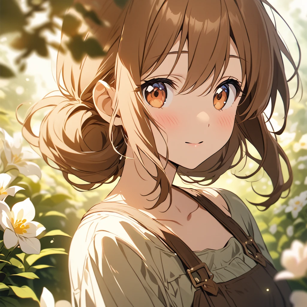 a beautiful image of an anime girl with long brown hair. She is wearing a grey off-the-shoulder top. The background is a blurred image of a garden with flowers. The girl's eyes are a lovely shade of brown and she has a sweet expression. She is surrounded by light and has a soft, dreamy look to her. Overall, the image is beautiful and well-composed